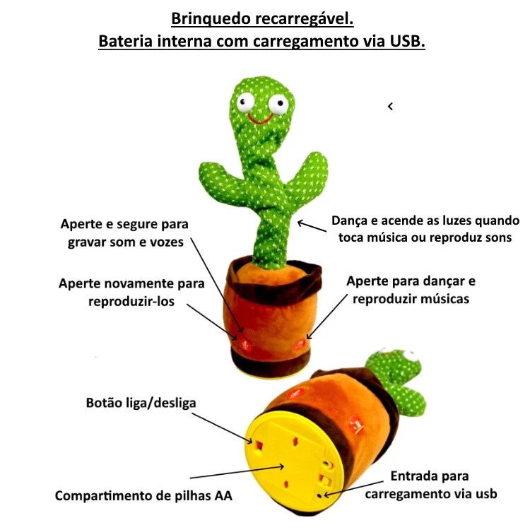 Brinquedo Educativo Infantil Cacto dançante c/ som luz Recarregável