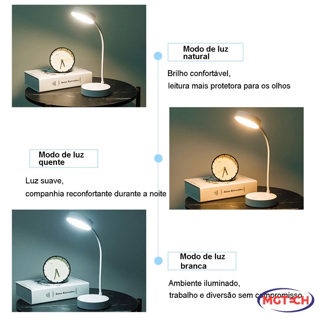 Luminária Abajur de Mesa LED Luz Recarregável Touch Haste Flexível Lâmpada De Estudo Sem Fio