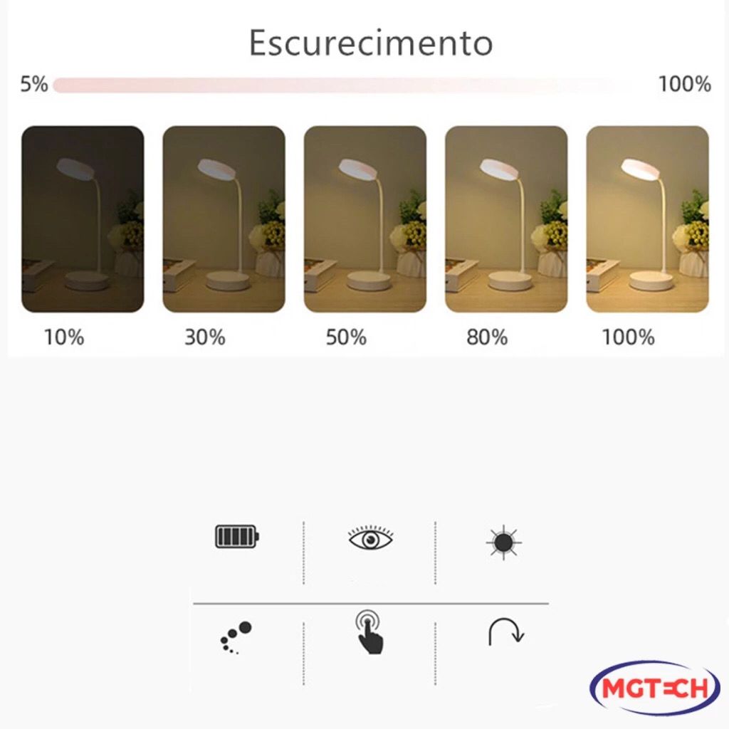 Luminária Abajur de Mesa LED Luz Recarregável Touch Haste Flexível Lâmpada De Estudo Sem Fio