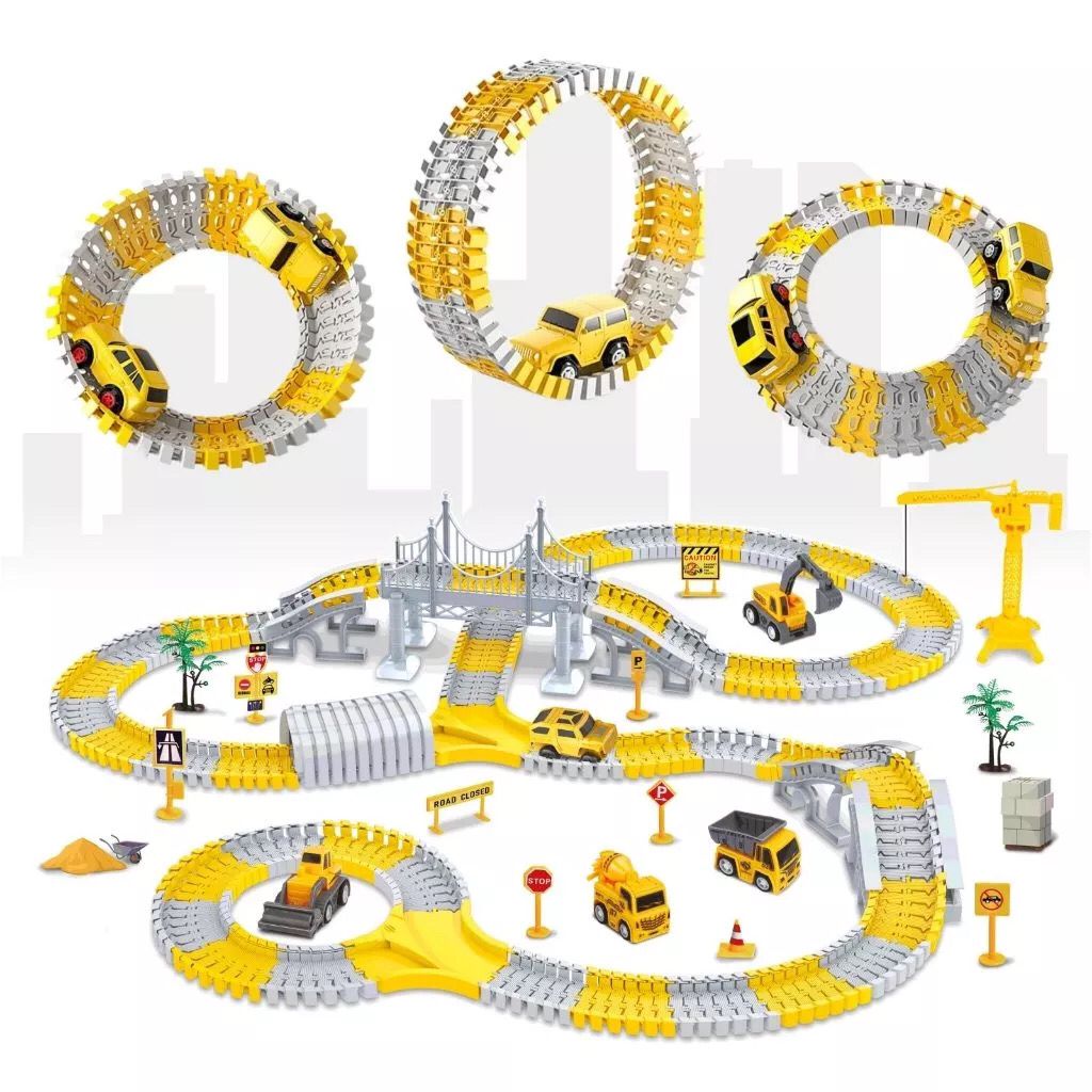 Pista de Carrinho Infantil com 180 e 345 Peças Brinquedo Construção com Carrinho
