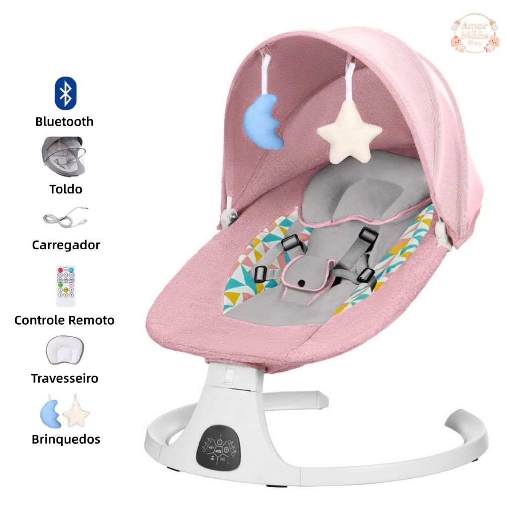 Cadeira de Descanso Balanço para Bebê com Música Mosquiteiro Controle Remoto