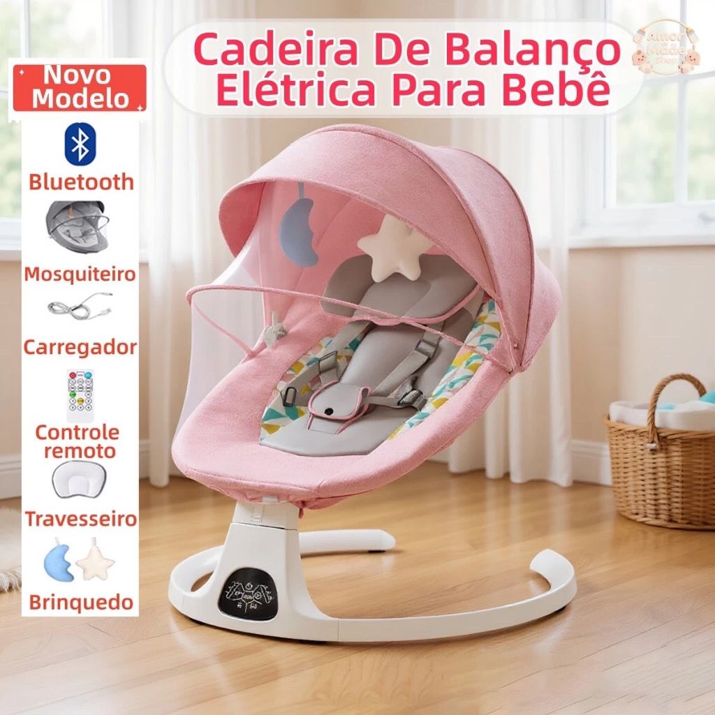 Cadeira de Descanso Balanço para Bebê com Música Mosquiteiro Controle Remoto