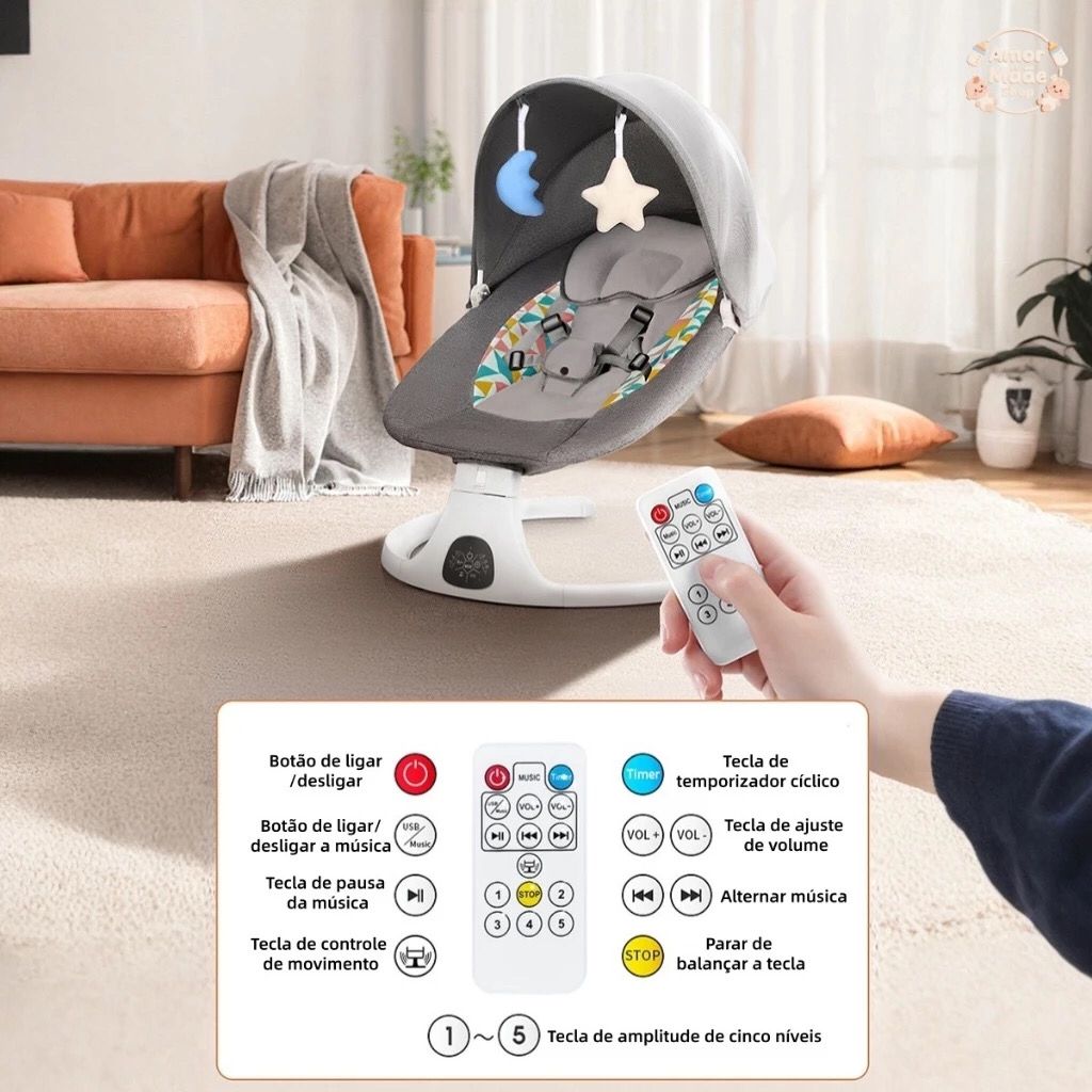 Cadeira de Descanso Balanço para Bebê com Música Mosquiteiro Controle Remoto