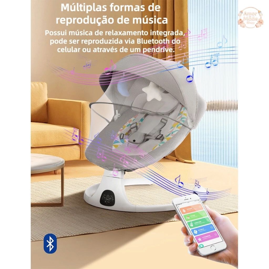Cadeira de Descanso Balanço para Bebê com Música Mosquiteiro Controle Remoto