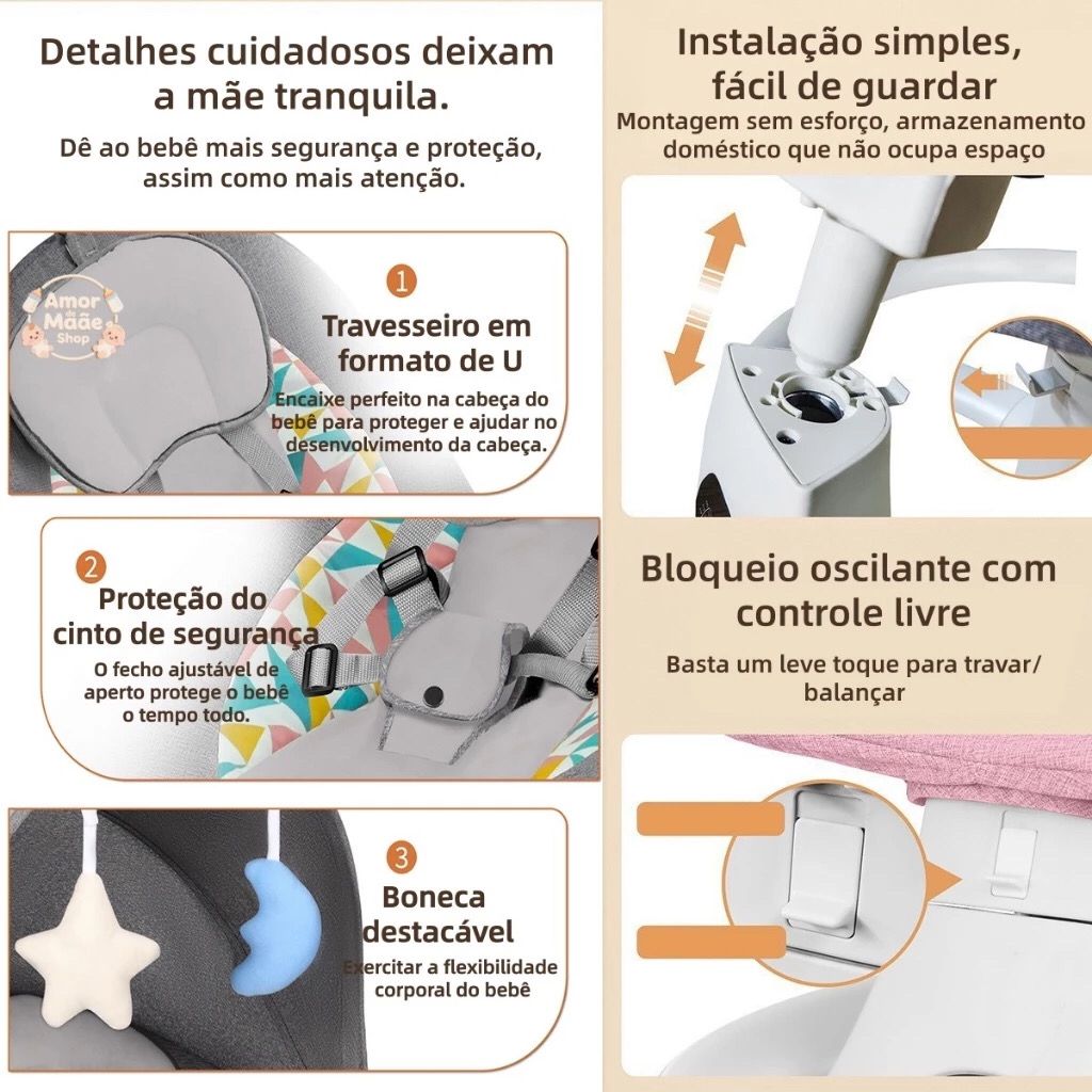 Cadeira de Descanso Balanço para Bebê com Música Mosquiteiro Controle Remoto