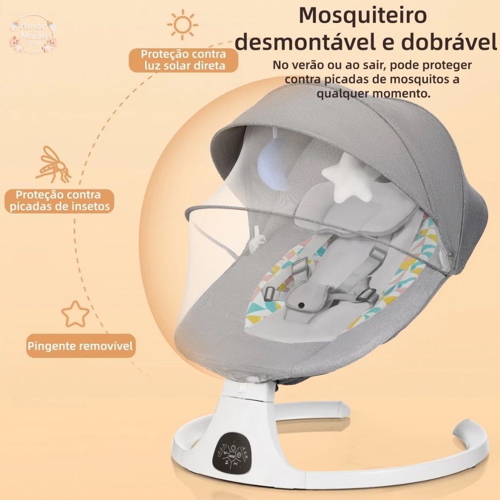 Cadeira de Descanso Balanço para Bebê com Música Mosquiteiro Controle Remoto