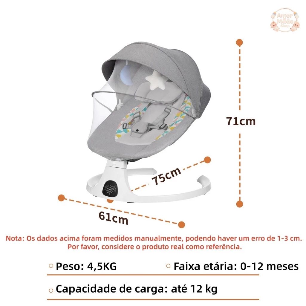 Cadeira de Descanso Balanço para Bebê com Música Mosquiteiro Controle Remoto