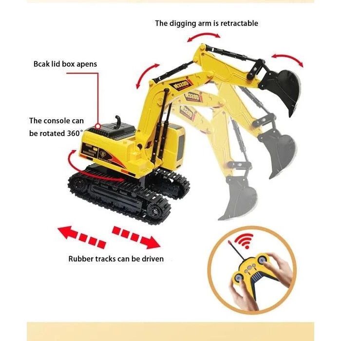 Brinquedo Máquina Escavadeira Pá de Metal Recarregável Com Controle Remoto