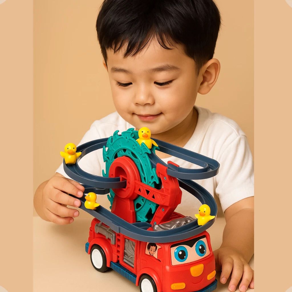 Carrinho de Bombeiro Escorregador Montanha Russa Pista de Patinhos Brinquedo Infantil com LED e Som
