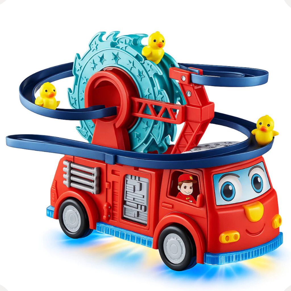 Carrinho de Bombeiro Escorregador Montanha Russa Pista de Patinhos Brinquedo Infantil com LED e Som