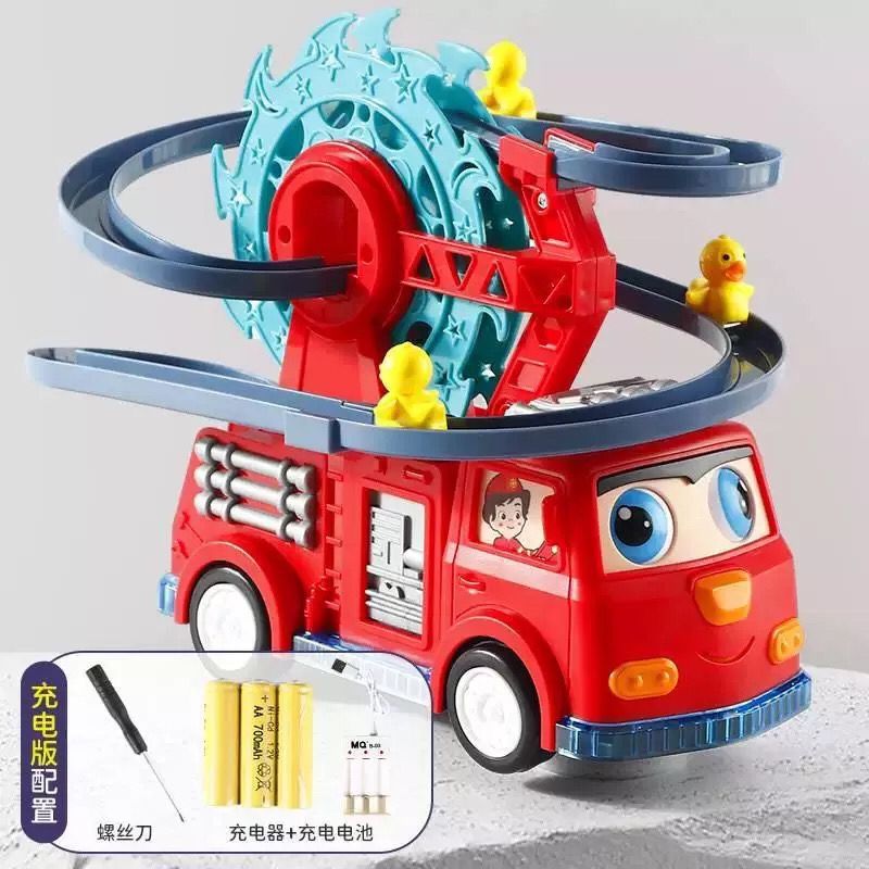 Carrinho de Bombeiro Escorregador Montanha Russa Pista de Patinhos Brinquedo Infantil com LED e Som