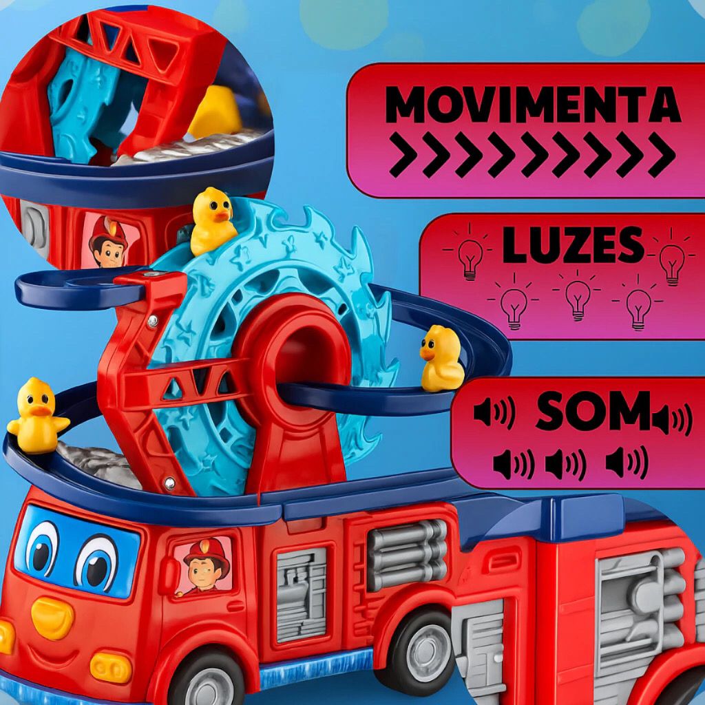 Carrinho de Bombeiro Escorregador Montanha Russa Pista de Patinhos Brinquedo Infantil com LED e Som