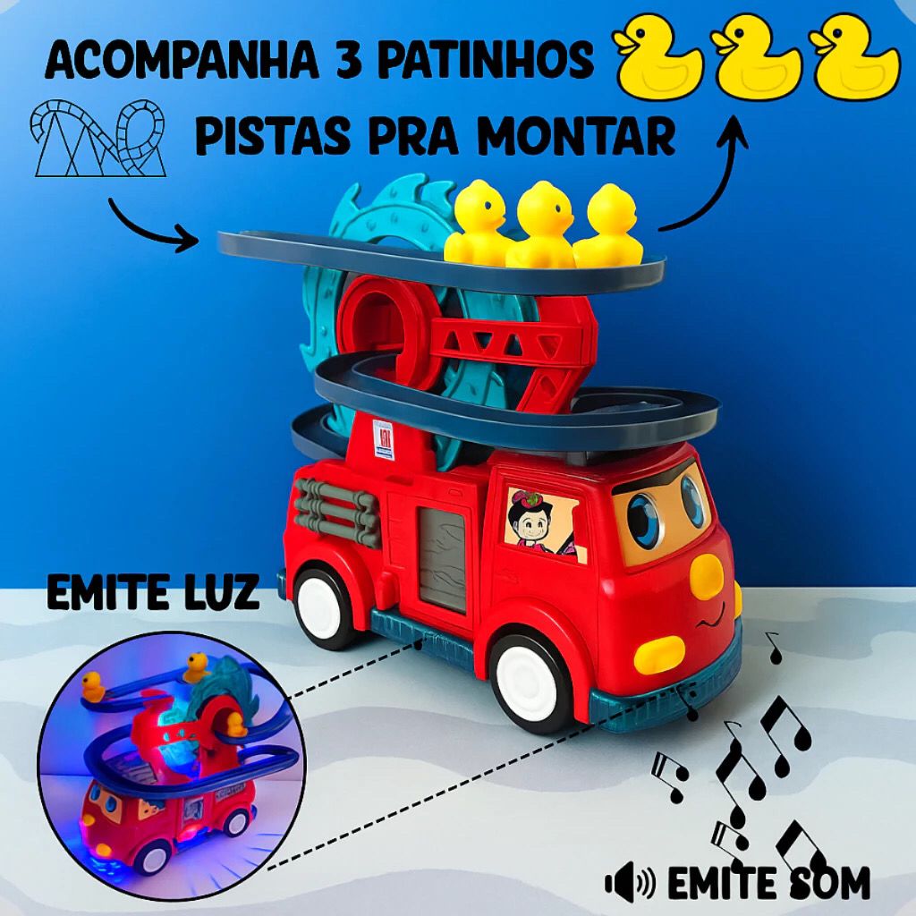 Carrinho de Bombeiro Escorregador Montanha Russa Pista de Patinhos Brinquedo Infantil com LED e Som