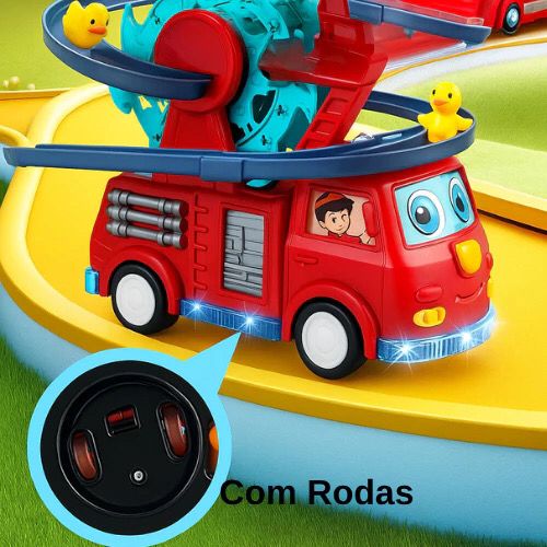 Carrinho de Bombeiro Escorregador Montanha Russa Pista de Patinhos Brinquedo Infantil com LED e Som