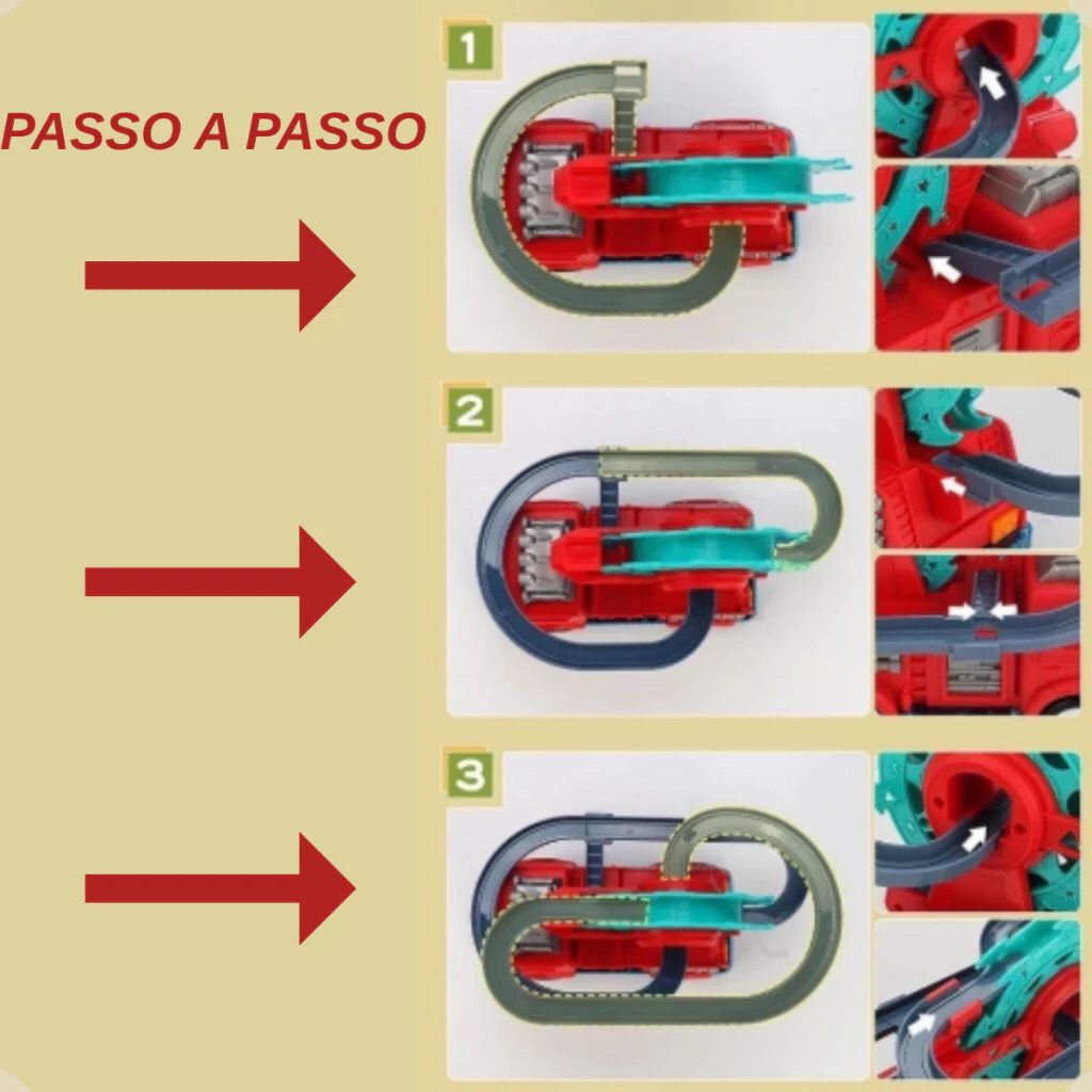 Carrinho de Bombeiro Escorregador Montanha Russa Pista de Patinhos Brinquedo Infantil com LED e Som