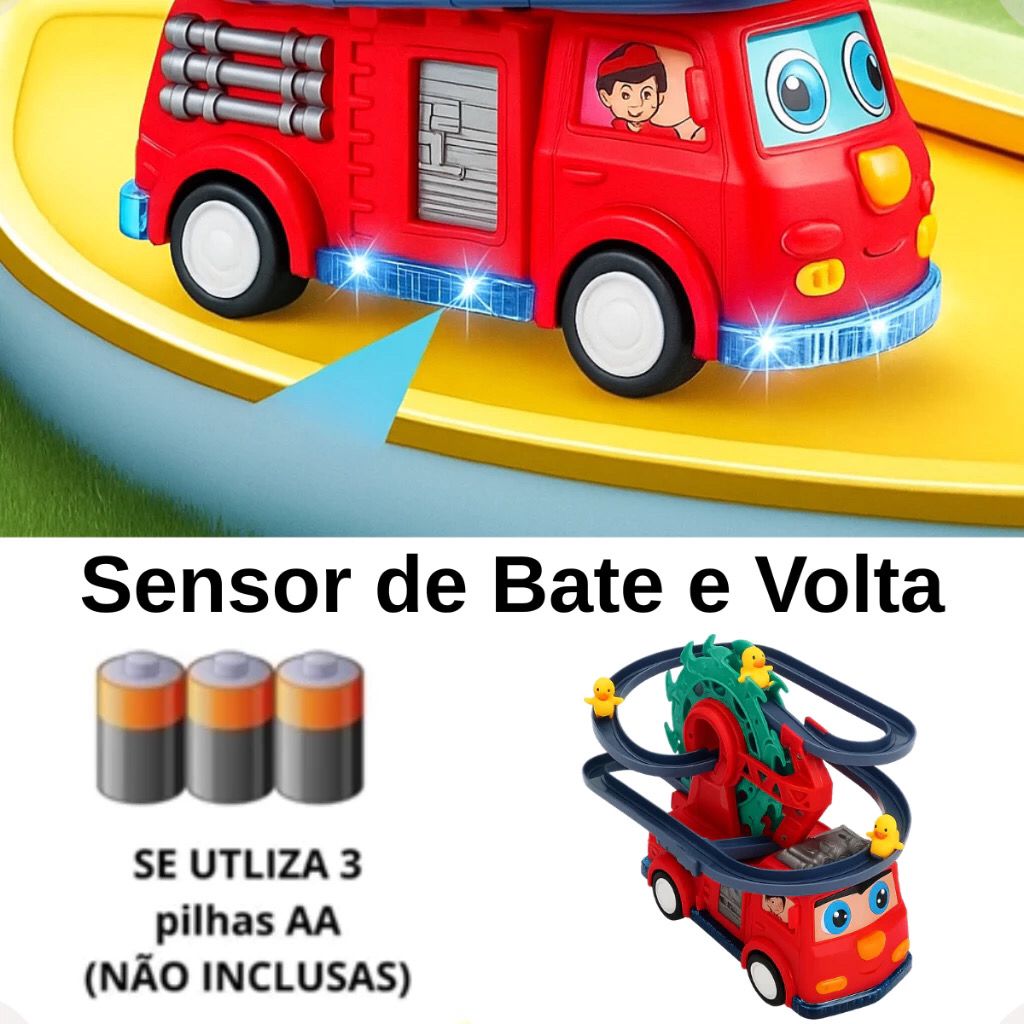 Carrinho de Bombeiro Escorregador Montanha Russa Pista de Patinhos Brinquedo Infantil com LED e Som