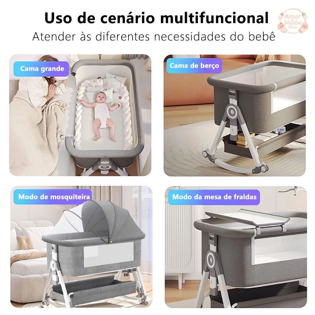 Berço Portátil Moises Co-bed Com Balanço Mosquiteiro e Cesto Regulagem de Altura