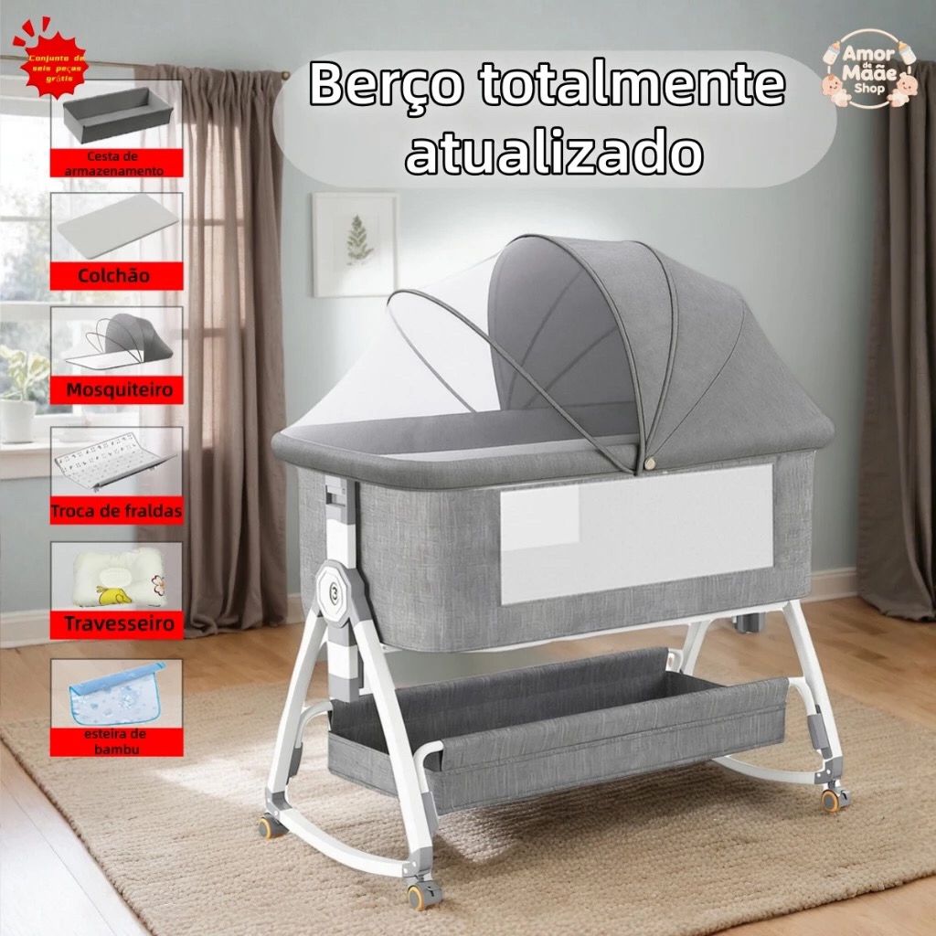 Berço Portátil Moises Co-bed Com Balanço Mosquiteiro e Cesto Regulagem de Altura