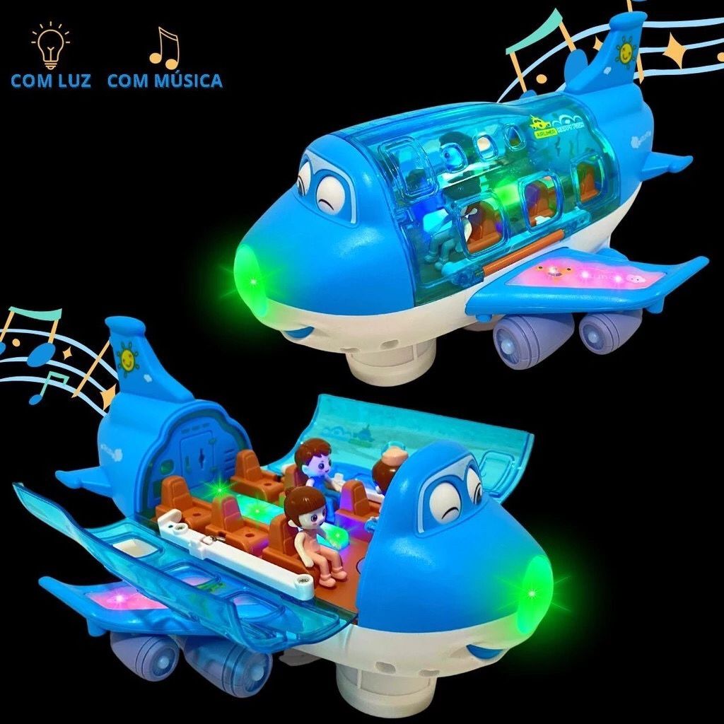 Avião De Brinquedo Musical Gira 360 Bate E Volta Com Som Luz