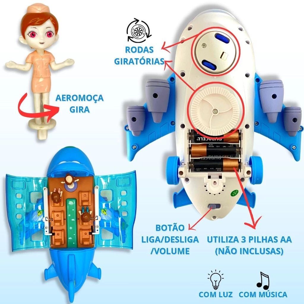 Avião De Brinquedo Musical Gira 360 Bate E Volta Com Som Luz