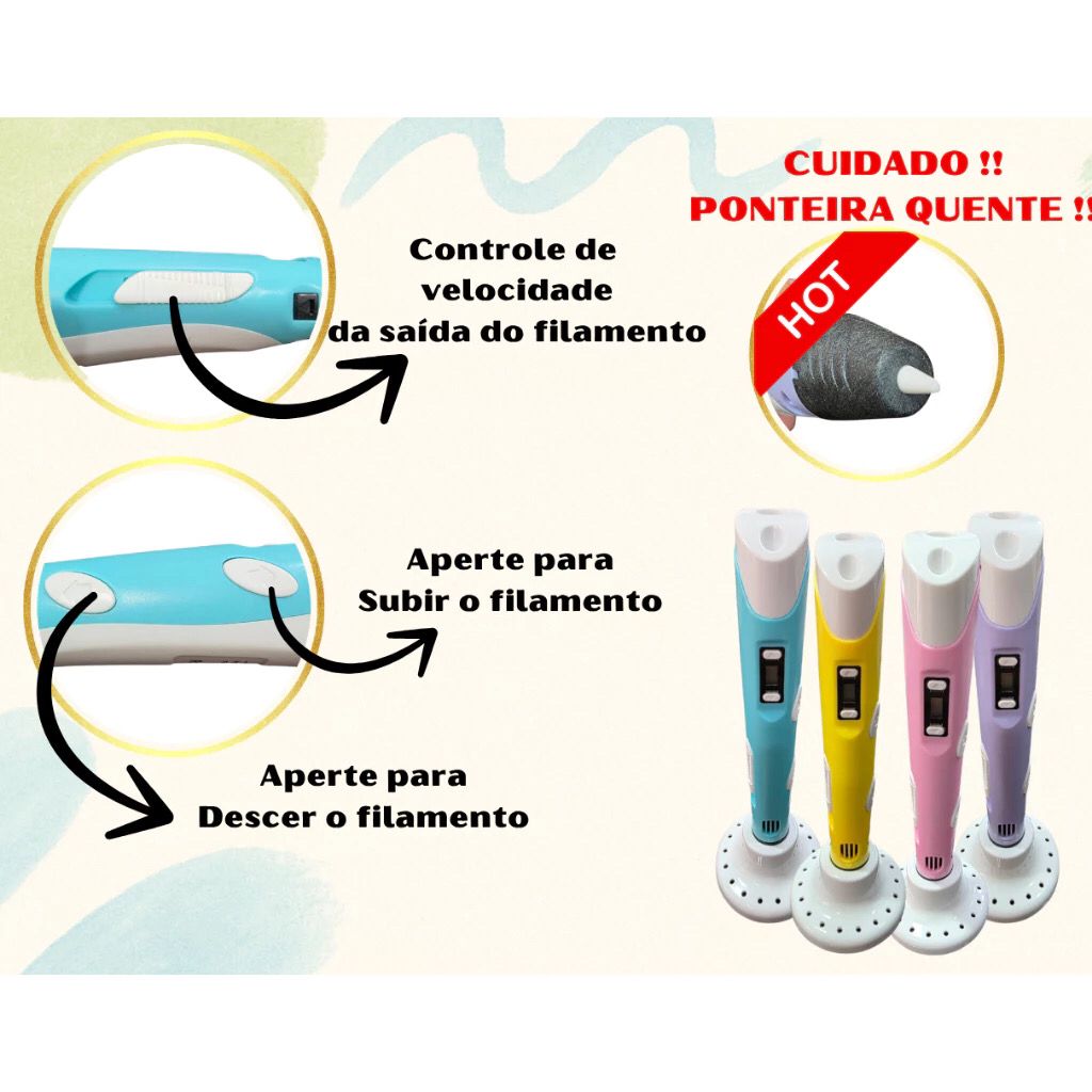 Caneta Impressora 3D Profissional Refil Coloridos Educativo