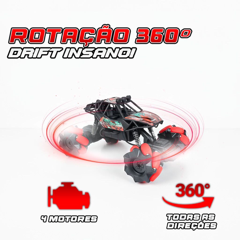 Carrinho Controle Remoto Off Road Rodas Giratórias Bateria Recarregável Infantil Giro 360 graus