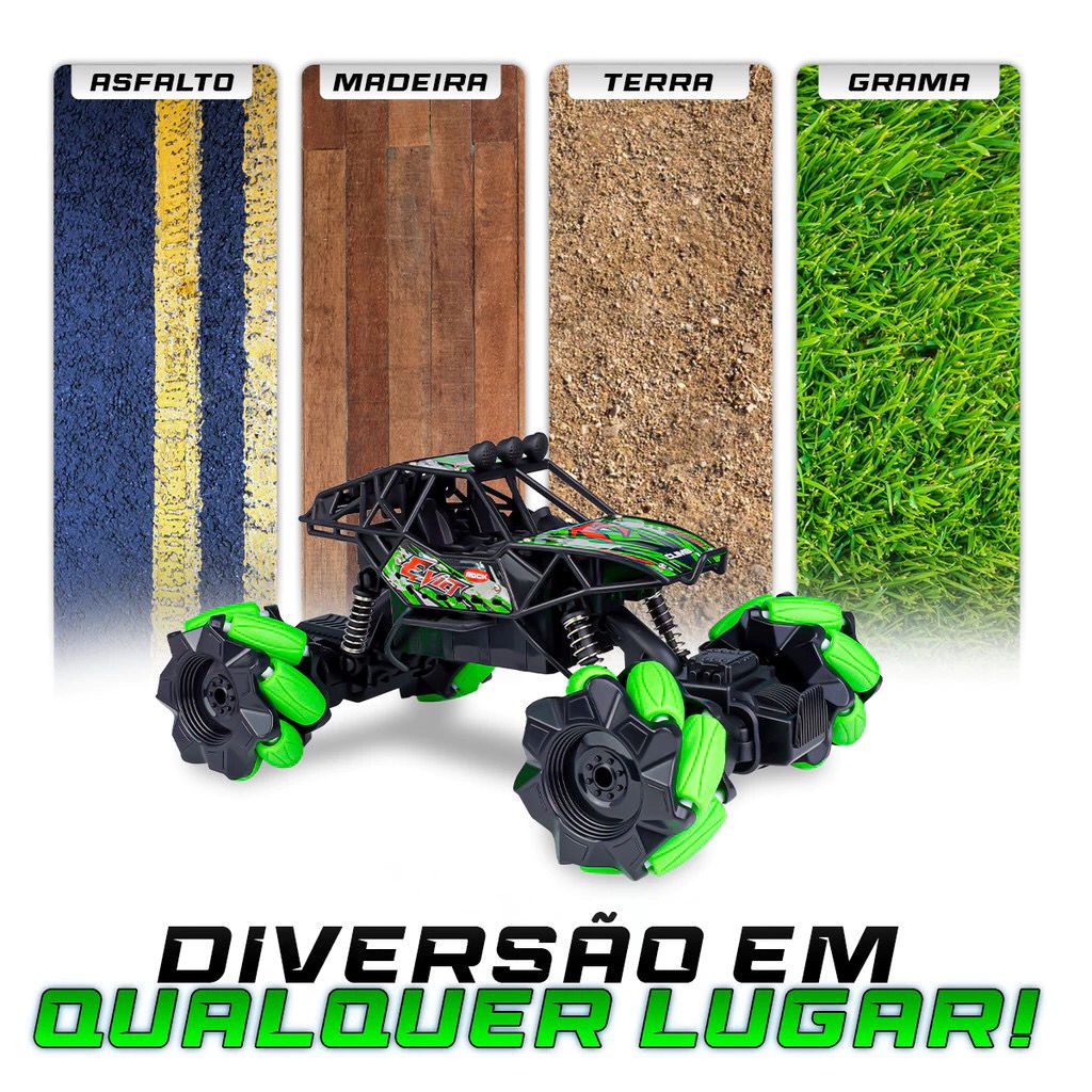 Carrinho Controle Remoto Off Road Rodas Giratórias Bateria Recarregável Infantil Giro 360 graus