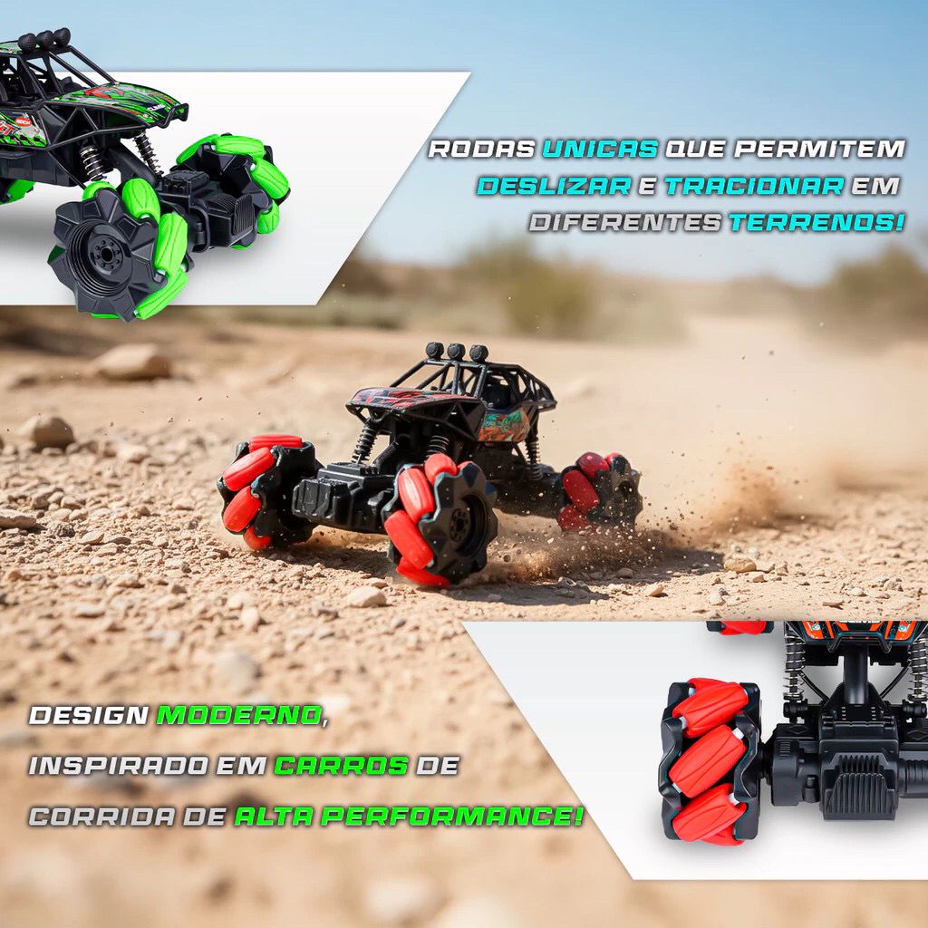 Carrinho Controle Remoto Off Road Rodas Giratórias Bateria Recarregável Infantil Giro 360 graus