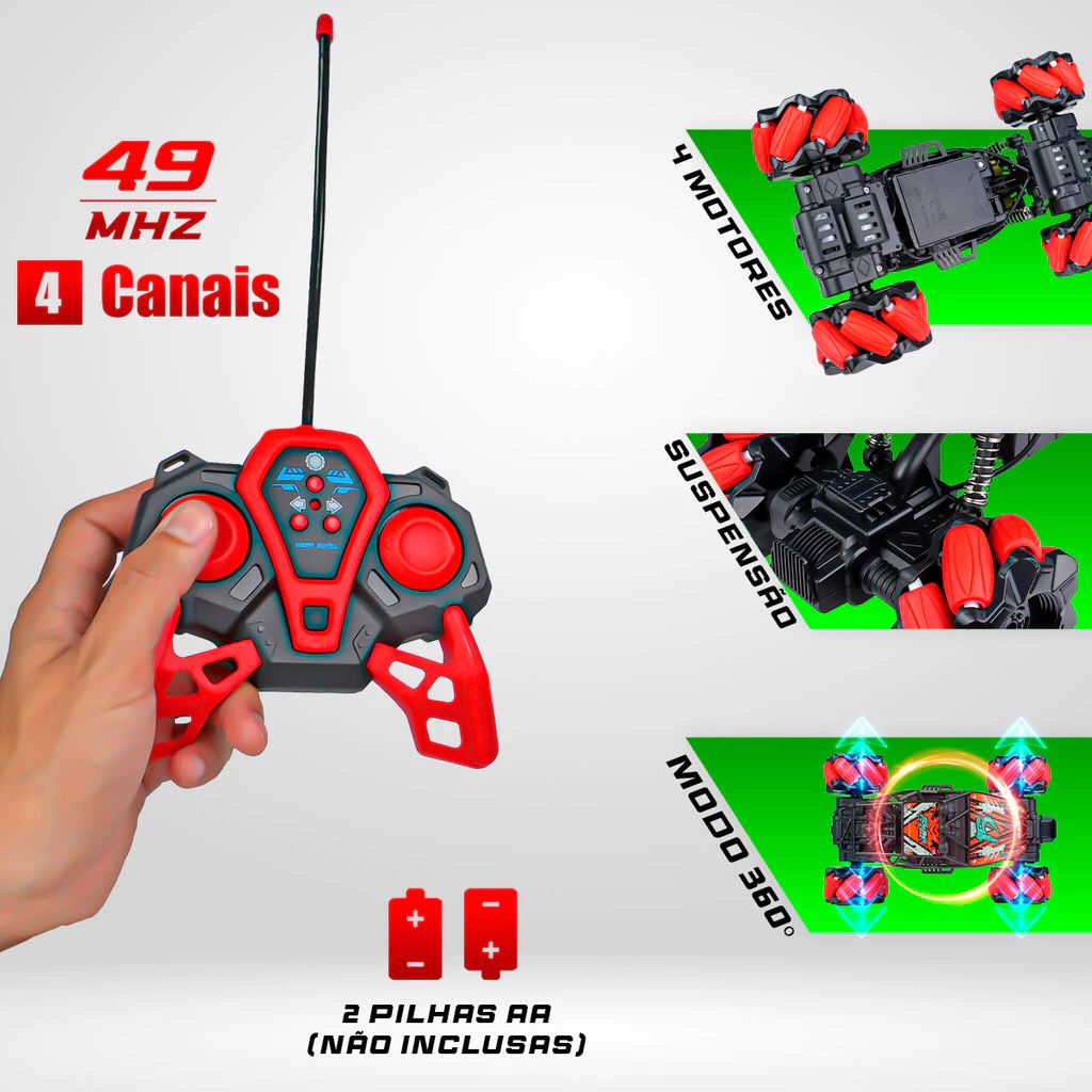 Carrinho Controle Remoto Off Road Rodas Giratórias Bateria Recarregável Infantil Giro 360 graus