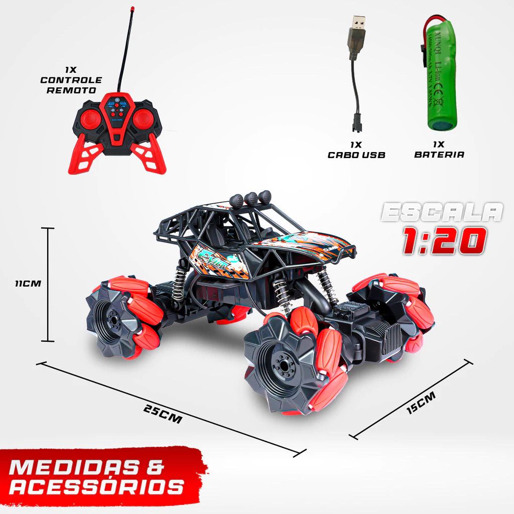 Carrinho Controle Remoto Off Road Rodas Giratórias Bateria Recarregável Infantil Giro 360 graus
