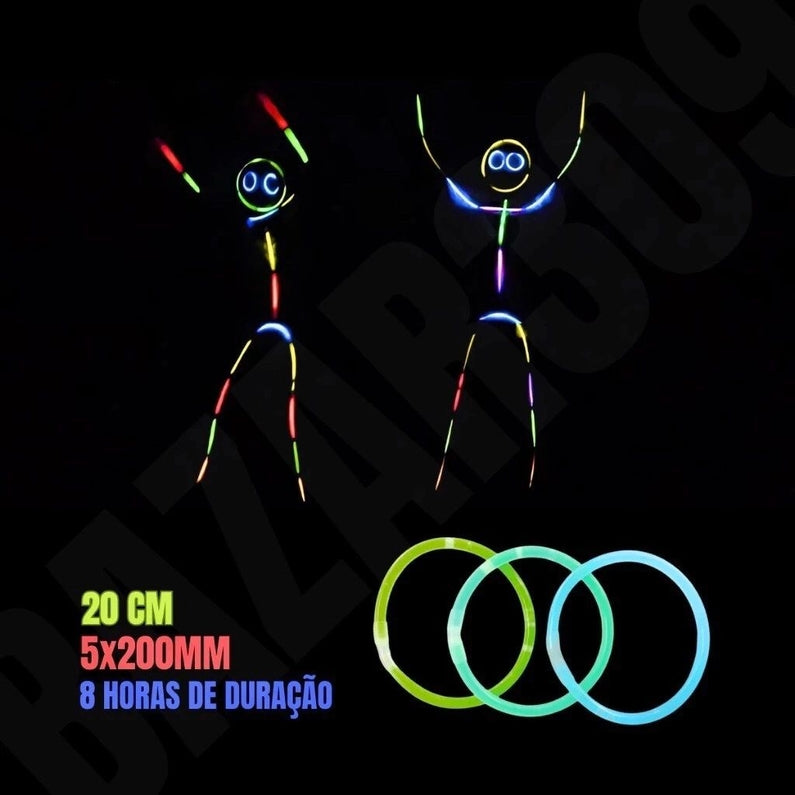 Kit com 100 Pulseiras Neon Alto Brilho Fluorescente Tubo Diversas Cores Brilha no Escuro