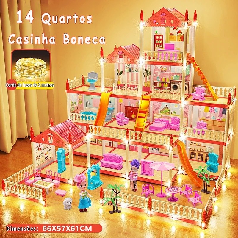 Casinha de Boneca com 14 Quartos - Inclui Corda de Luzes
