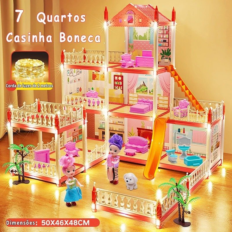 Casinha de Boneca com 14 Quartos - Inclui Corda de Luzes