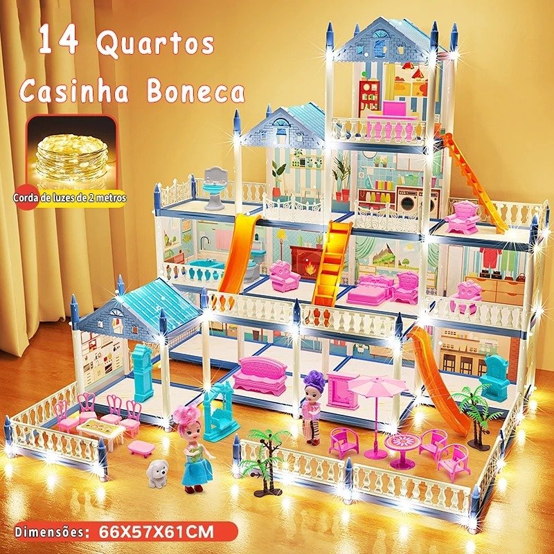 Casinha de Boneca com 14 Quartos - Inclui Corda de Luzes